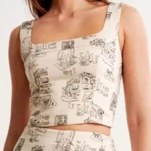 Abercrombie & Fitch Beige Linen Blend Crop Tank with Black Sketch Print